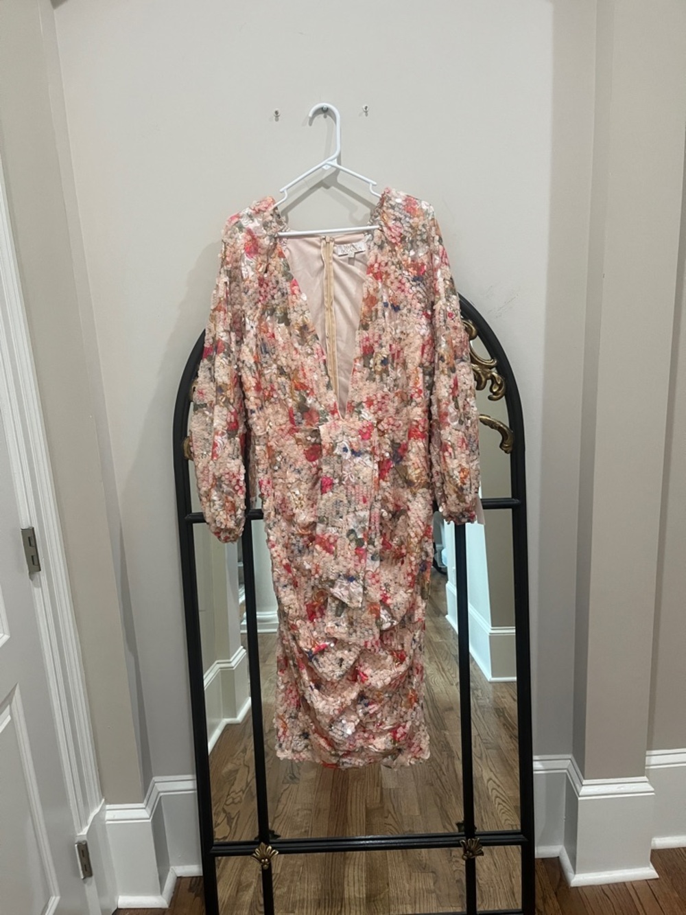 Boohoo Pink Floral Sequin Ruched V-Neck Midi Dress